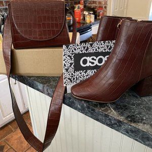 NWT ASOS LADIES CROC EMBOSSED ANKLE BOOTS Sz 9 US M + MATCHING HANDBAG NWOT